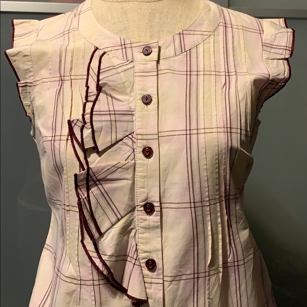 Plaid ruffle front button down cap sleeve shirt